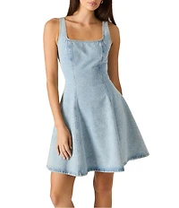 Steve Madden Ameela Embellished Tweed Denim Square Neck Sleeveless Mini Dress