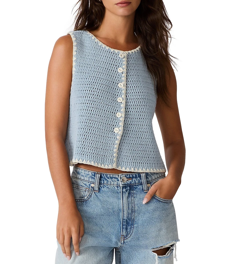 Steve Madden Annya Blanket Stitched Crew Neck Sleeveless Coordinating Sweater Vest