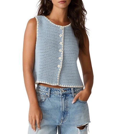 Steve Madden Annya Blanket Stitched Crew Neck Sleeveless Coordinating Sweater Vest
