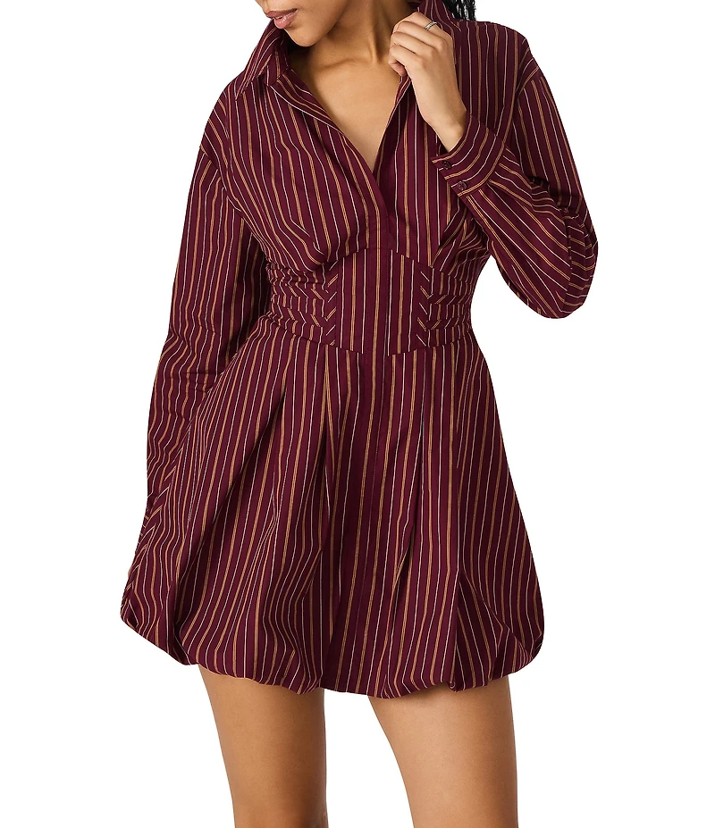 Steve Madden Arielle Striped Print Point Collar Long Sleeve Corset Waist Bubble Hem Mini Dress