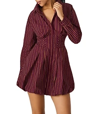 Steve Madden Arielle Striped Print Point Collar Long Sleeve Corset Waist Bubble Hem Mini Dress