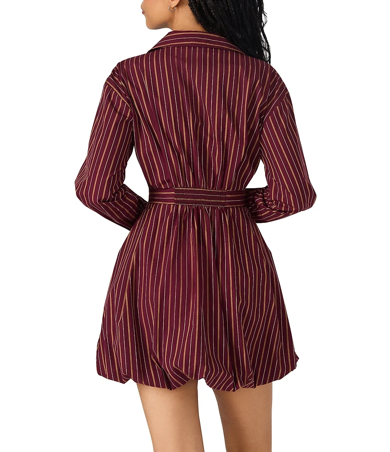 Steve Madden Arielle Striped Print Point Collar Long Sleeve Corset Waist Bubble Hem Mini Dress