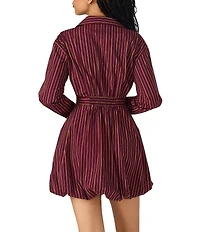 Steve Madden Arielle Striped Print Point Collar Long Sleeve Corset Waist Bubble Hem Mini Dress
