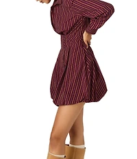 Steve Madden Arielle Striped Print Point Collar Long Sleeve Corset Waist Bubble Hem Mini Dress