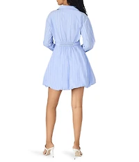 Steve Madden Arielle Striped Print Point Collar Long Sleeve Corset Waist Bubble Hem Mini Dress