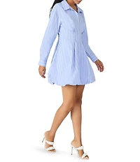 Steve Madden Arielle Striped Print Point Collar Long Sleeve Corset Waist Bubble Hem Mini Dress