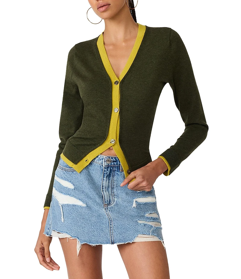 Steve Madden Arwen Contrast Ribbed V-Neck Long Sleeve Cardigan