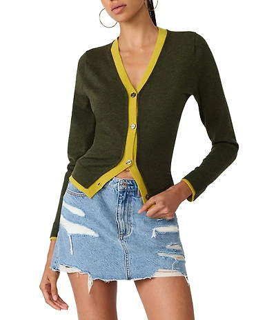 Steve Madden Arwen Contrast Ribbed V-Neck Long Sleeve Cardigan