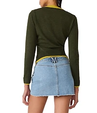 Steve Madden Arwen Contrast Ribbed V-Neck Long Sleeve Cardigan