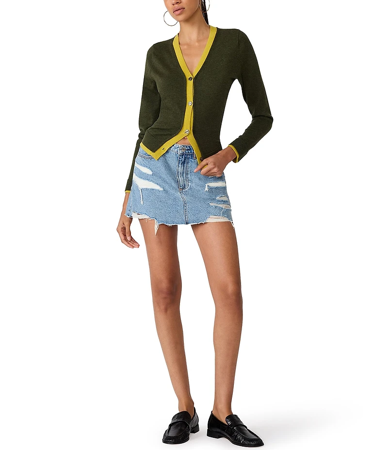 Steve Madden Arwen Contrast Ribbed V-Neck Long Sleeve Cardigan