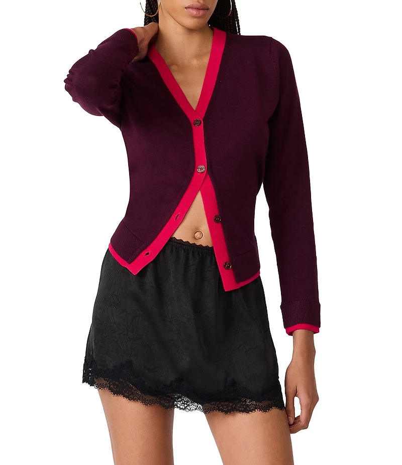 Steve Madden Arwen Contrast Ribbed V-Neck Long Sleeve Cardigan