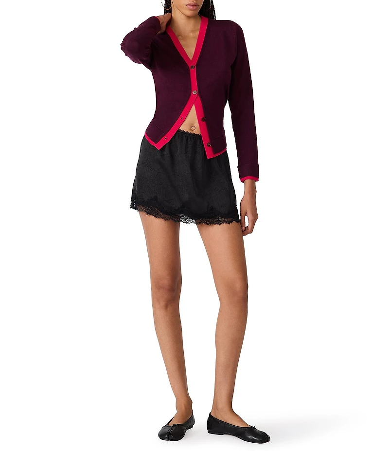 Steve Madden Arwen Contrast Ribbed V-Neck Long Sleeve Cardigan