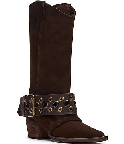 Steve Madden Ashwood Suede Foldover Grommet Buckle Strap Hardware Block Heel Tall Boots