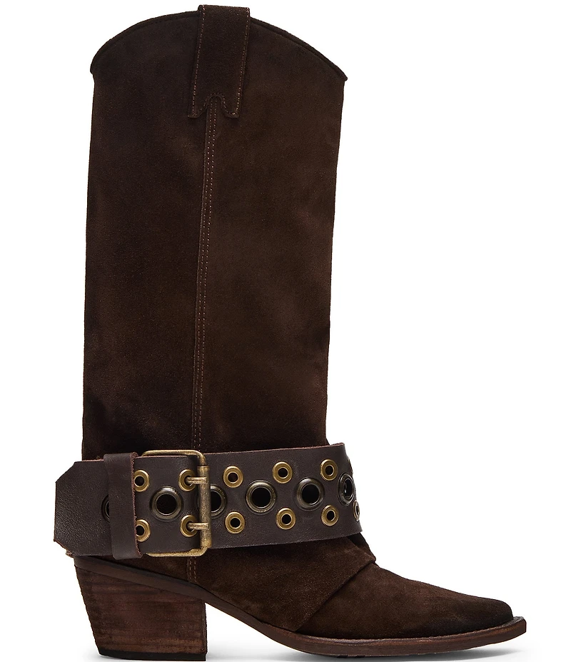 Steve Madden Ashwood Suede Foldover Grommet Buckle Strap Hardware Block Heel Tall Boots