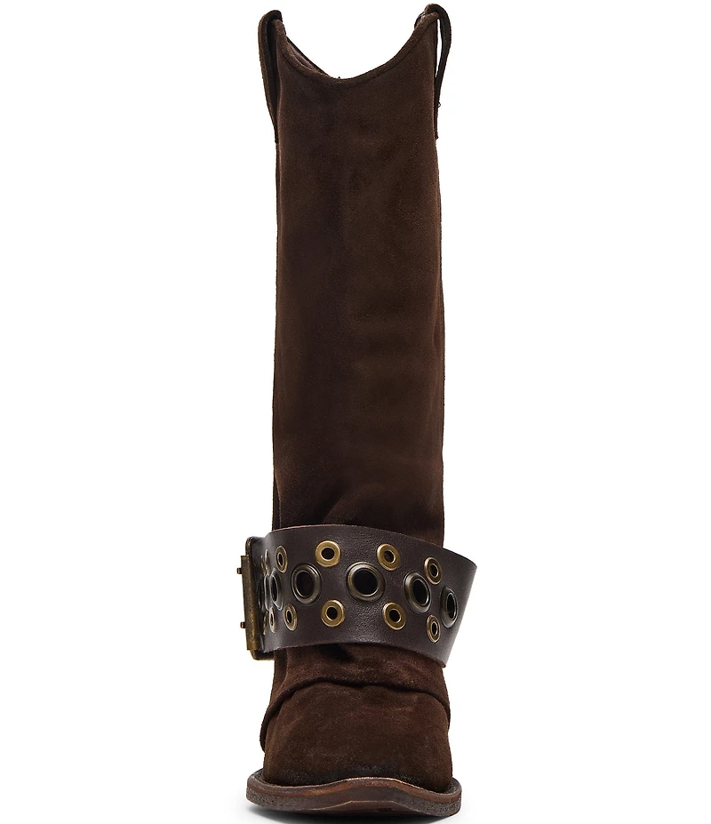 Steve Madden Ashwood Suede Foldover Grommet Buckle Strap Hardware Block Heel Tall Boots
