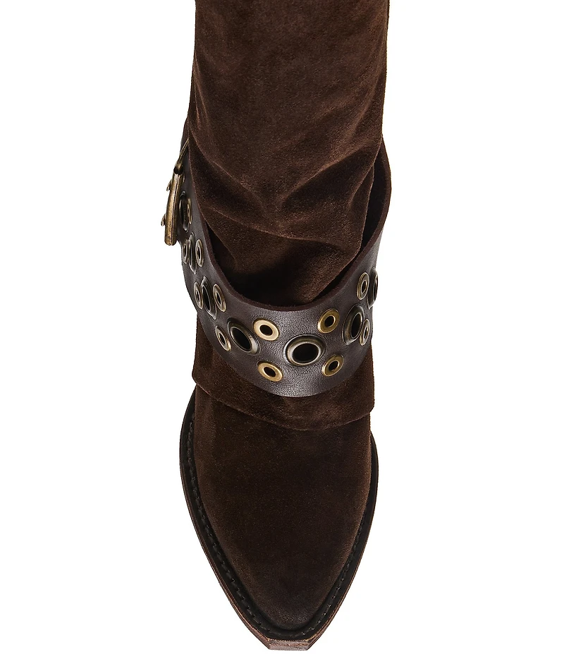 Steve Madden Ashwood Suede Foldover Grommet Buckle Strap Hardware Block Heel Tall Boots
