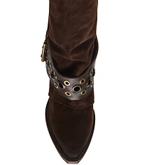 Steve Madden Ashwood Suede Foldover Grommet Buckle Strap Hardware Block Heel Tall Boots
