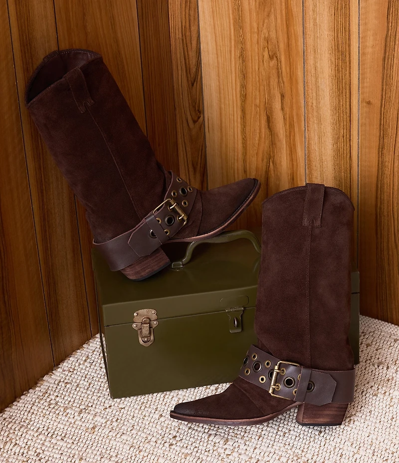 Steve Madden Ashwood Suede Foldover Grommet Buckle Strap Hardware Block Heel Tall Boots