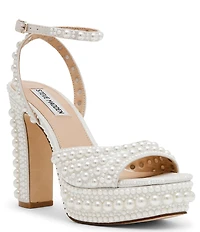Steve Madden Assured Pearl Embellished Ankle Strap Block Heel Platform Sandals