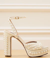 Steve Madden Assured Pearl Embellished Ankle Strap Block Heel Platform Sandals