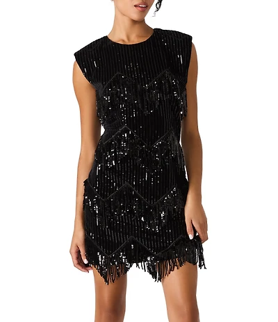 Steve Madden Astoria Round Neck Cap Sleeve Sequin Fringe Mini Dress