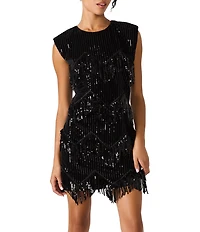 Steve Madden Astoria Round Neck Cap Sleeve Sequin Fringe Mini Dress