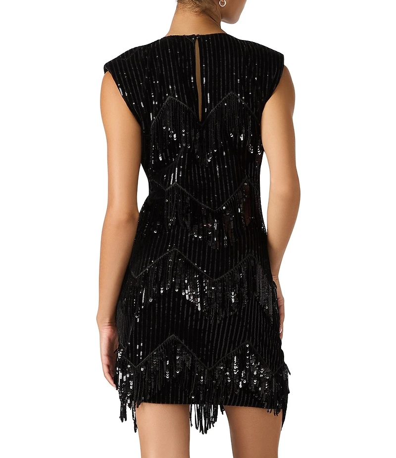 Steve Madden Astoria Round Neck Cap Sleeve Sequin Fringe Mini Dress