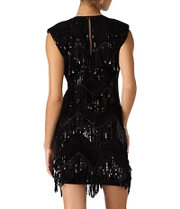 Steve Madden Astoria Round Neck Cap Sleeve Sequin Fringe Mini Dress