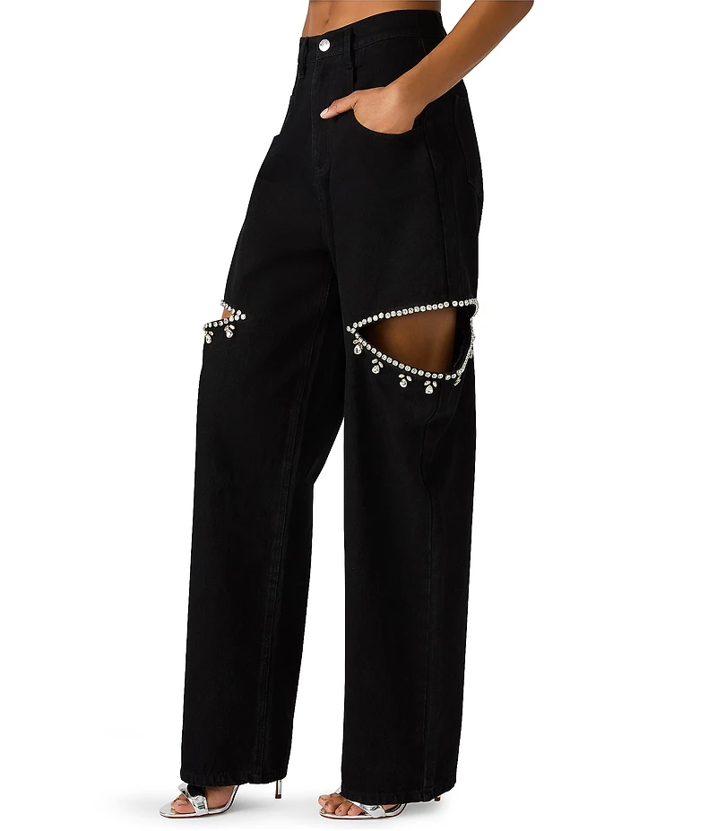 Steve Madden Ayla Denim Barrel Leg Embellished Side Slit Jeans