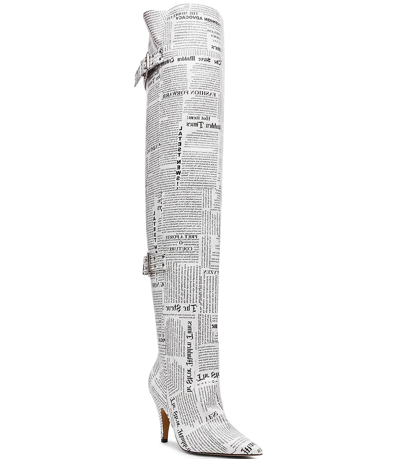 Steve Madden Baddie Newspaper Print Over-The-Knee Moto Boots