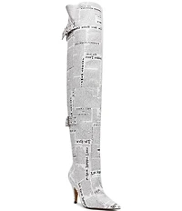 Steve Madden Baddie Newspaper Print Over-The-Knee Moto Boots