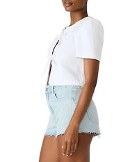 Steve Madden Barrette Collared Short Sleeve Tie Front Puckered Cotton Top