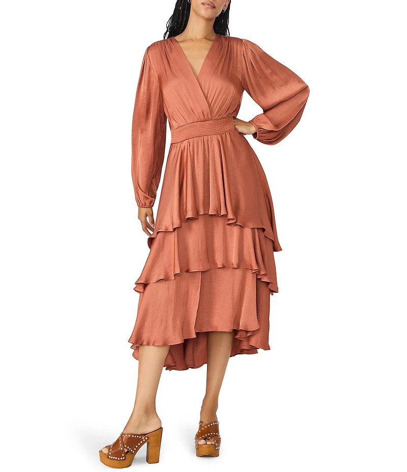 Steve Madden Bei Washed Satin V Neck Long Sleeve Tiered Midi Dress
