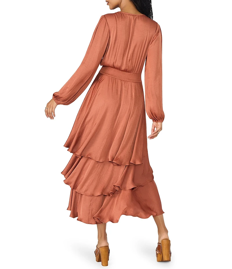 Steve Madden Bei Washed Satin V Neck Long Sleeve Tiered Midi Dress