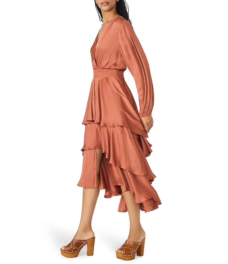 Steve Madden Bei Washed Satin V Neck Long Sleeve Tiered Midi Dress