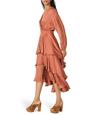 Steve Madden Bei Washed Satin V Neck Long Sleeve Tiered Midi Dress