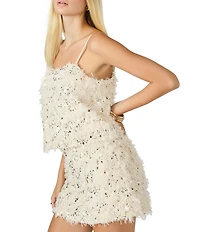 Steve Madden Blakelyn Feather Sequin Square Neck Sleeveless Coordinating Cami Tank Top