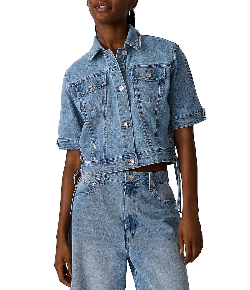 Steve Madden Blu Collared Short Sleeve Denim Trucker Jacket