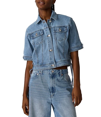 Steve Madden Blu Collared Short Sleeve Denim Trucker Jacket