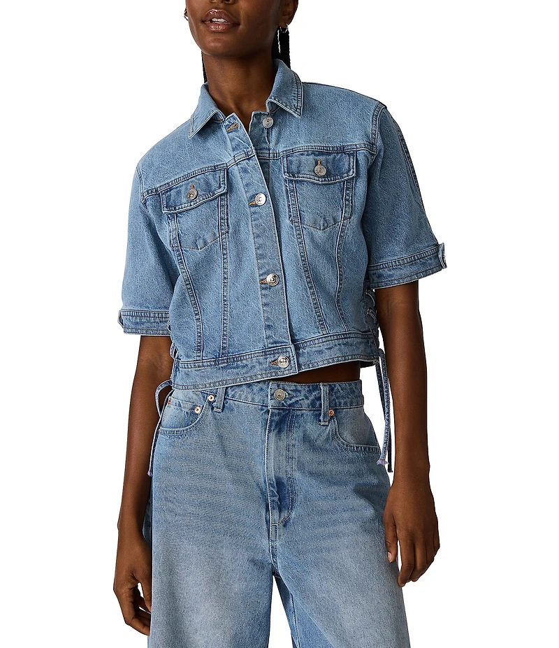 Steve Madden Blu Collared Short Sleeve Denim Trucker Jacket
