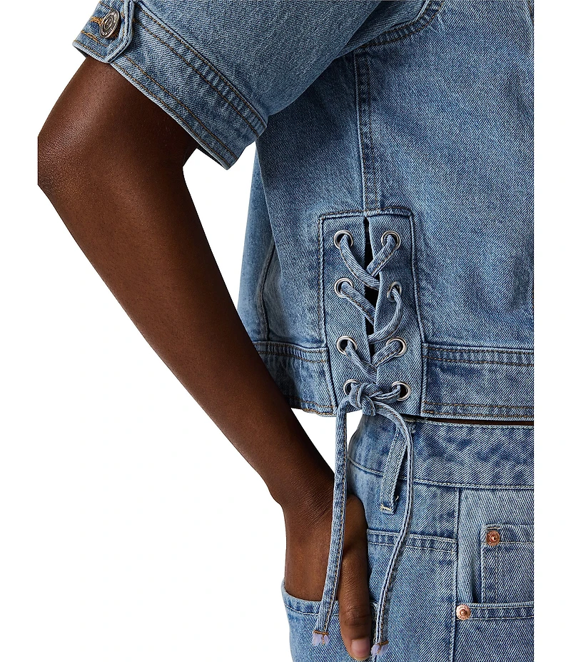 Steve Madden Blu Collared Short Sleeve Denim Trucker Jacket