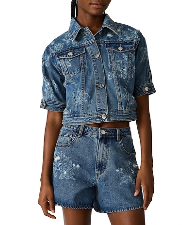 Steve Madden Blu Distressed Floral Collared Short Sleeve Coordinating Denim Trucker Jacket