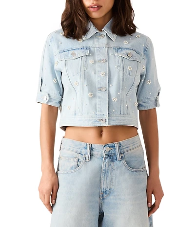 Steve Madden Blu Pearl Floral Pattern Embellished Collared Short Sleeve Coordinating Denim Jacket