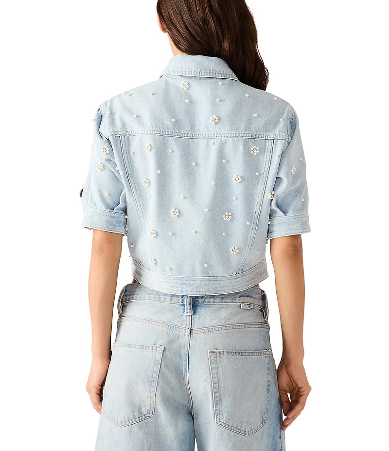 Steve Madden Blu Pearl Floral Pattern Embellished Collared Short Sleeve Coordinating Denim Jacket