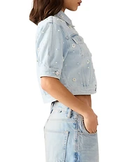 Steve Madden Blu Pearl Floral Pattern Embellished Collared Short Sleeve Coordinating Denim Jacket