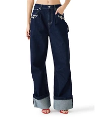 Steve Madden Bobbie Rhinestone Embellished Wide Leg Cuffed Denim Jeans