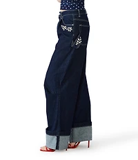 Steve Madden Bobbie Rhinestone Embellished Wide Leg Cuffed Denim Jeans