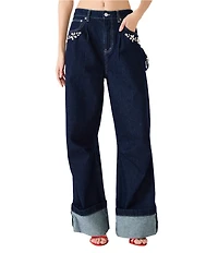 Steve Madden Bobbie Rhinestone Embellished Wide Leg Cuffed Denim Jeans