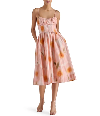 Steve Madden Bondi Woven Floral Print Corset Scoop Neck Sleeveless A-Line Midi Dress