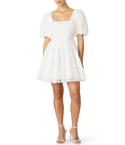 Steve Madden Briana Short Puff Sleeve Eyelet Drop Waist Mini Dress